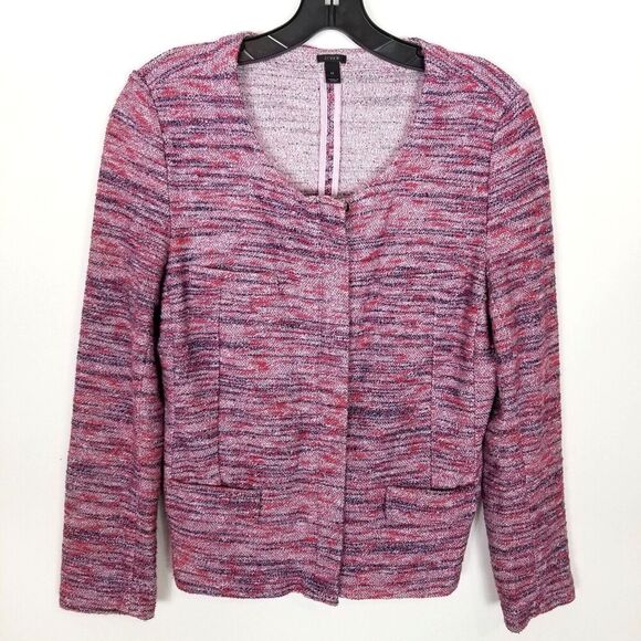J. Crew Women  Micro Tweed Zip Up Front Jacket Sz M Pink Carrier Preppy Office - Picture 1 of 7